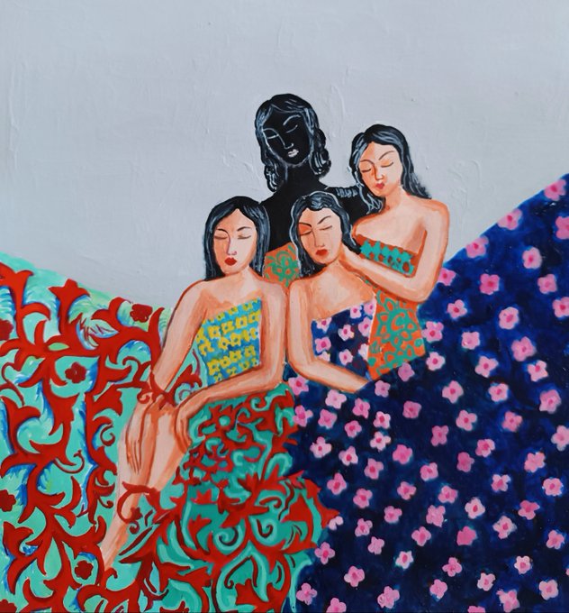 A colorful painting depicting four women with closed eyes in vibrant, patterned dresses against a light blue background, featuring bold reds, teals, and a floral blue pattern.