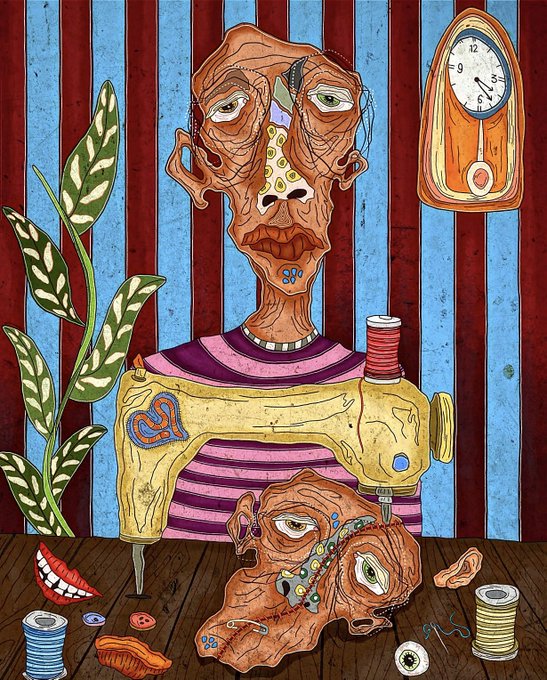 A surreal, grotesque illustration of a figure with a sewing machine for a torso and two faces, set against a red and blue striped wall with a clock and plants.
