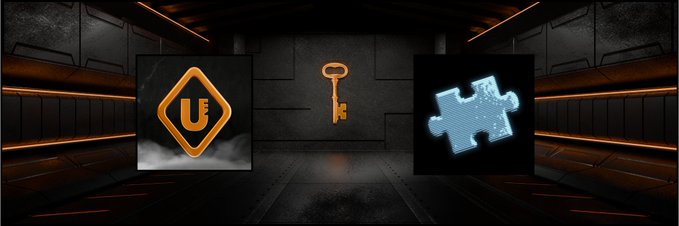 A digital banner featuring three icons in a dark, futuristic room: the Unreal Engine logo on the left, a gold key in the center, and a blue puzzle piece on the right.
