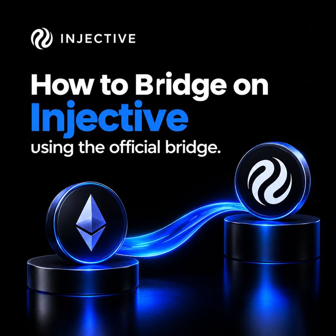 A promotional graphic for Injective blockchain reads 'How to Bridge on Injective using the official bridge,' showing Ethereum and Injective logos connected by a glowing blue stream.