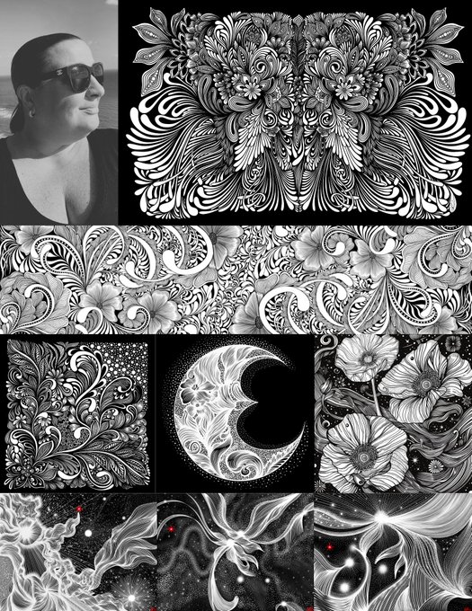 A collage of intricate black-and-white pen-and-ink artworks featuring detailed floral patterns, ornate mandalas, and flowing abstract designs, paired with a portrait of a woman wearing sunglasses—visually embodying the meditative, detail-oriented artistic practice described in the post.