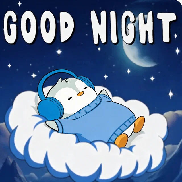 An illustration of a cute cartoon cat wearing headphones and a sweater, resting on a fluffy white cloud under a night sky, accompanied by the text 'GOOD NIGHT' and a crescent moon.