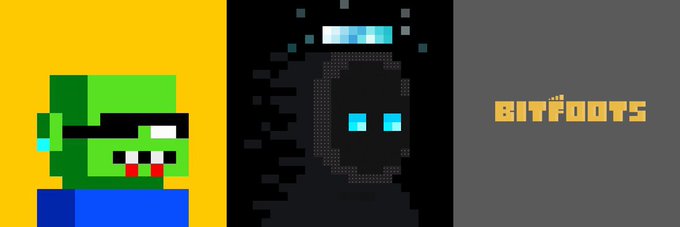 A three-panel graphic showing a green pixelated ninja character, a dark blue robot-like pixel character, and the text 'BITFOOTS' on a gray background.