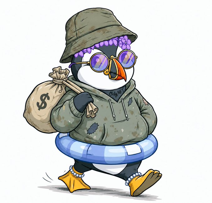 The image features a cartoon penguin wearing a hat with purple flowers and carrying a bag of money while walking around. The background of the image is white, which contrasts with the colorful elements of the penguin's outfit and accessories. There are no other objects or texts in the image besides the penguin and its belongings.