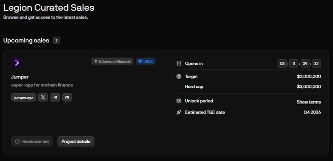 A dark-themed webpage showing 'Legion Curated Sales' featuring an upcoming token sale for 'Jumper - super-app for onchain finance' with a target of $2,000,000, hard cap of $3,000,000, on Ethereum Mainnet, with TGE estimated for Q4 2026.