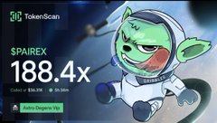 The image is a promotional graphic from TokenScan showing a $PAIREX token with a 188.4x return on a $50,376 investment over 1h 36m, featuring a cartoon character wearing a spacesuit and holding a stop sign, with an "Auto-Degens VIP" button. It aligns with the post's claim of making massive gains ($17,600) on $PAIREX, used as social proof to lure users with a promised $ROBINHOOD token airdrop giveaway.