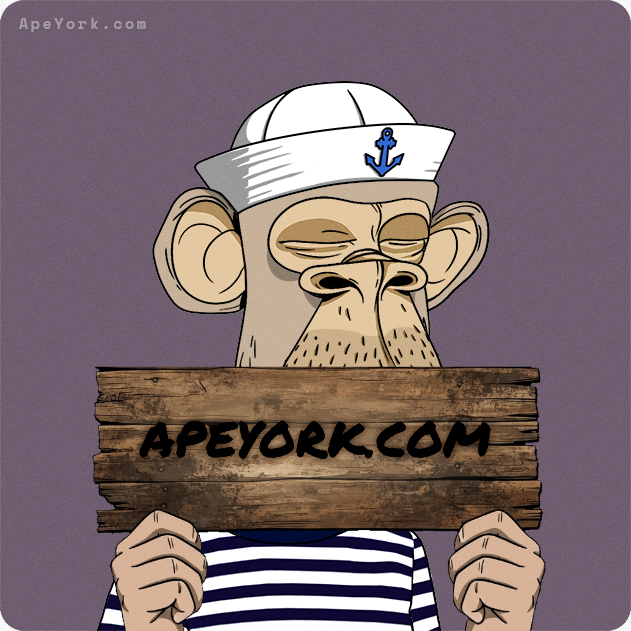 A cartoon monkey character in a striped shirt and sailor hat holds a wooden sign reading 'APEYORK.COM' against a purple background.