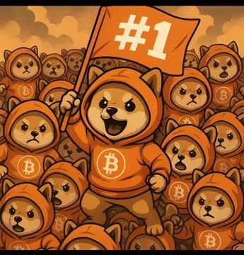 An illustration of cartoon dog mascots wearing Bitcoin-themed orange hoodies, with the central figure holding a '#1' flag.