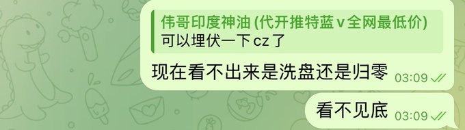 A WeChat conversation shows messages about 伟哥印度神油 (Viagra Indian Magic Oil) marked at the "lowest price on the entire network" (代开雅特蓝V全网最低价), with one person suggesting to "bide time and stake some CZ" and the reply noting it's hard to tell if it's a washout or starting from zero—matching the post's warning that there is "no bottom" and investors should avoid buying the dip without certainty.