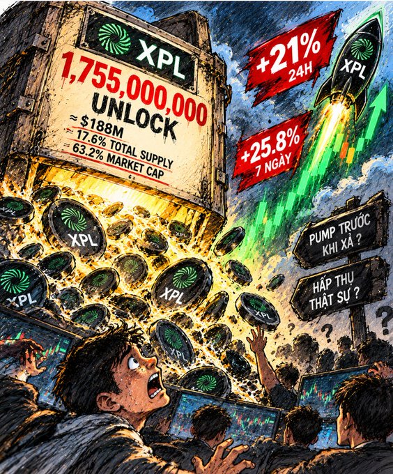 A promotional graphic for the cryptocurrency 'XPL' showing '1,755,000,000 UNLOCK', '$188M', '17.6% TOTAL SUPPLY', '63.2% MARKET CAP', '+21% 24H', and '+25.8% 7 NGÀY', featuring an illustration of excited people watching tokens drop from a vault with Vietnamese text 'PUMP TRƯỚC KHI XẢ ?' and 'HẤP THU THẬT SỰ ?'.