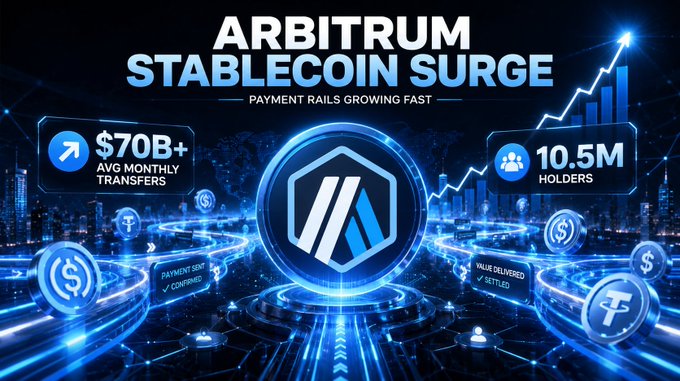 A promotional graphic titled 'ARBITRUM STABLECOIN SURGE' showing $70B+ avg monthly transfers, 10.5M holders, and the Arbitrum logo with an upward growth chart.