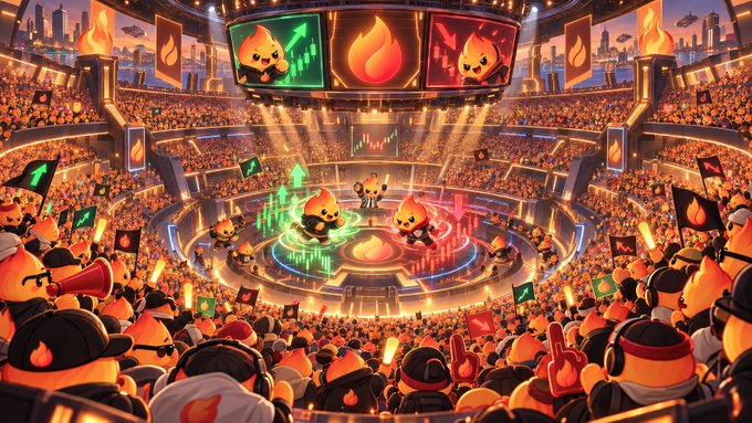 An energetic stadium scene features anthropomorphic flame characters competing on a trading chart arena while a massive crowd of similar flame spectators cheers them on with green and red bull flags, with the word "EMBER" highlighted on the central jumbotron above. The image visualizes the ticker $EMBER as an exciting, hype-driven crypto event where bullish traders rally around the token.