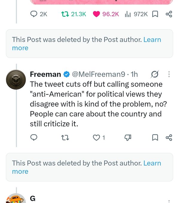 A screenshot of a social media thread showing a deleted post and a reply by Freeman (@MelFreeman9) discussing calling someone 'anti-American' for political views, with engagement metrics showing 21.3K reposts and 96.2K likes.