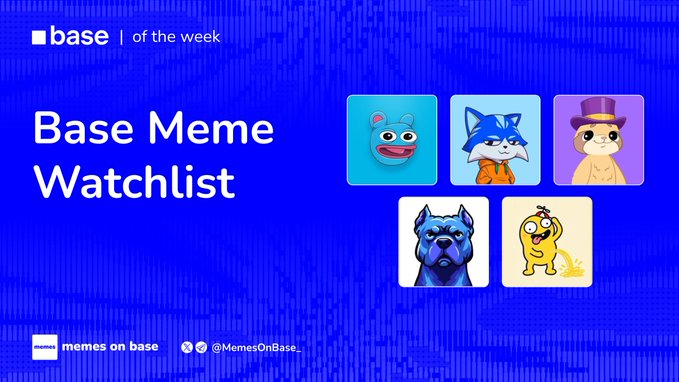 A blue promotional graphic titled "Base Meme Watchlist" featuring five meme character icons (a bear, fox, top-hatted cat, bulldog, and yellow character) alongside the "base of the week" and "memes on base" branding with the handle @MemesOnBase_.