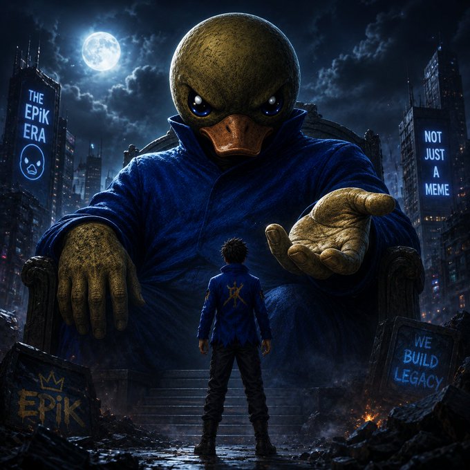 A dark, cinematic illustration shows a small human figure with a blue jacket and an alien-like symbol on the back, facing a colossal, menacing duck-like humanoid wearing a blue robe seated on a throne. Neon signs in the background read "THE EPiK ERA" with a crying face icon, "NOT JUST A MEME", "EpiK" with a crown logo, and "WE BUILD LEGACY", set against a full moon and cityscape.