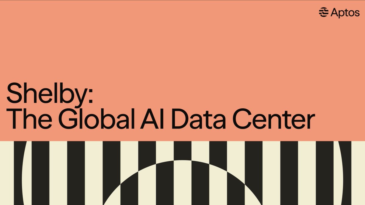 The image is a promotional graphic with an orange background featuring the Aptos logo in the top right and the text "Shelby: The Global AI Data Center" in bold black lettering, with a stylized black and white striped design at the bottom. It aligns with the post by visually introducing Shelby as the world's first global AI data center and branding the announcement with the Aptos Labs logo, tying the partnership to the trillion-dollar opportunity of tapping unused compute and storage.