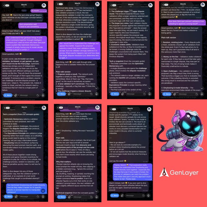 A collage of chat screenshots titled 'Mochi' displays conversations about GenLayer's Optimistic Democracy consensus mechanism, featuring explanations of validators, Jurors, and the Gryblowing model, alongside a purple character mascot and the GenLayer logo.