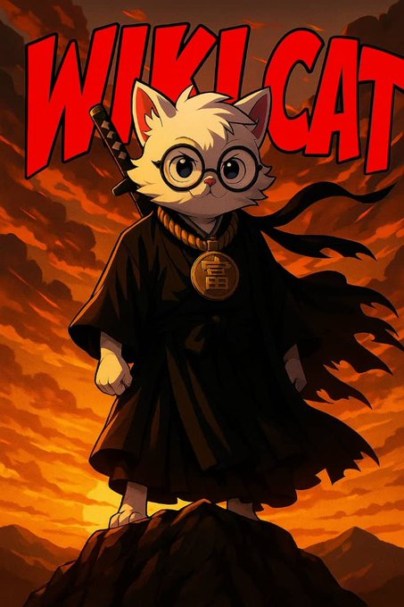An anime-style poster titled 'WIKI CAT' featuring a white cat samurai wearing a black cloak with a gold medallion, standing on a rock with a sword against a sunset sky.