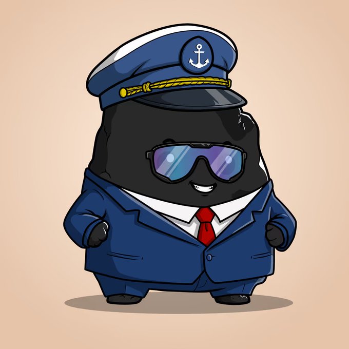 A cartoon character dressed as a ship captain with a navy blue hat featuring an anchor emblem, sunglasses, and a blue suit with a red tie, symbolizing the "Captain Dwayne" leading the "SS Rock Bottom" toward a 1 ETH milestone. The nautical captain theme directly ties into the post's ship voyage metaphor as the community rallies together.