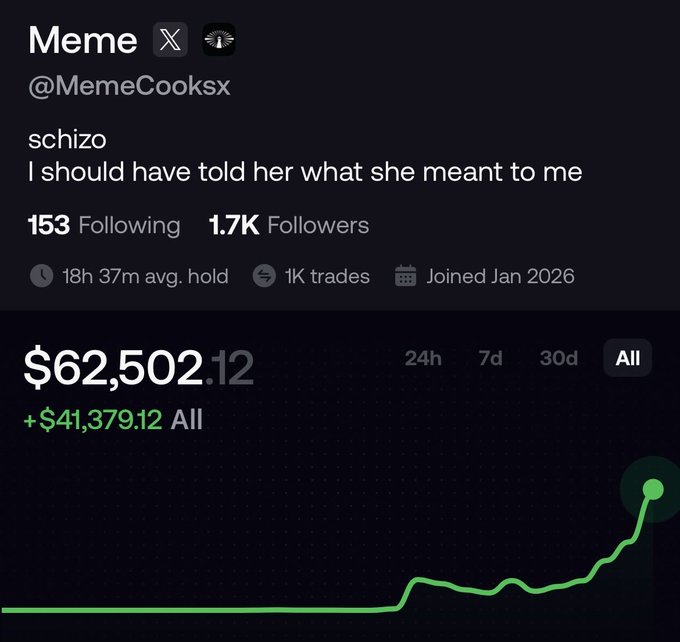 A fake social media profile styled after TradingView for a user called 'Meme' (@MemeCooksx) with the bio 'schizo, I should have told her what she meant to me,' showing an absurd +$41,379.12 portfolio gain.