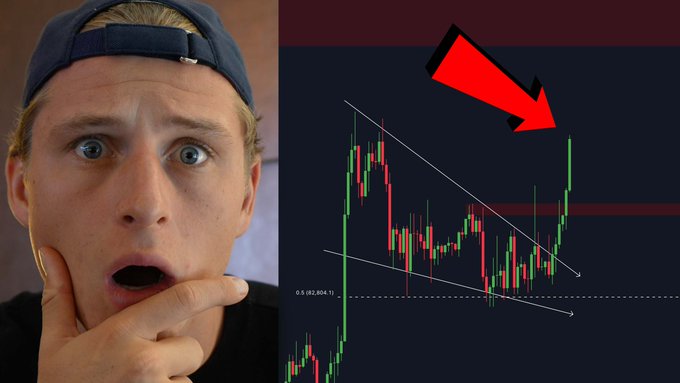 A shocked-looking man with a backward cap stares in surprise next to a Bitcoin price chart showing a candlestick pattern breaking above a descending channel, highlighted by a red arrow pointing to the breakout—visually capturing the excitement in the post "#BITCOIN IS NOW BREAKING OUT! GOING LIVE NOW!"