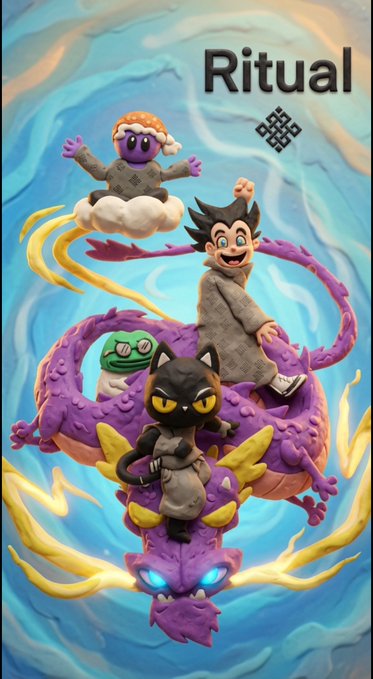 Crypto/NFT artwork titled 'Ritual' featuring cartoon characters including a boy riding a purple dragon, a cat, a frog, and a cloud figure in gray robes.