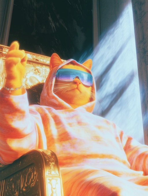 A digital illustration shows an orange cat wearing a pink and white striped hoodie and blue reflective sunglasses, lounging on an ornate golden chair bathed in dramatic light rays.