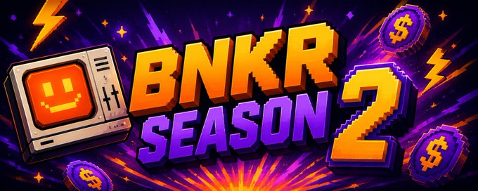 A vibrant pixel-art banner reading 'BNKR SEASON 2' in orange and purple lettering, featuring a retro TV with a smiley face, dollar sign coins, and lightning bolts on a dark purple background.