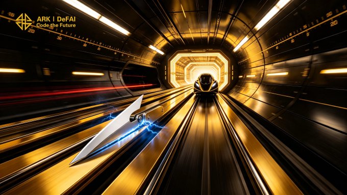 A futuristic high-speed bullet train streaks through a glowing golden tunnel with blue electrical energy, emblazoned with "ARK | DeFAI - Code the Future" in the top corner, visually embodying the post's message about ARK's AI agents accelerating speed and execution in the ecosystem.