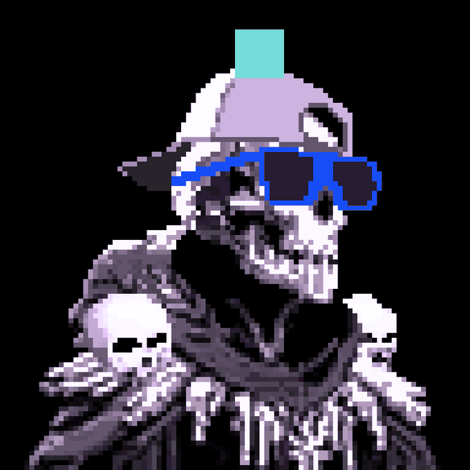Pixel art of a skeletal figure wearing a purple cap, blue sunglasses, and shoulder armor with skulls, rendered in dark purple and gray tones.