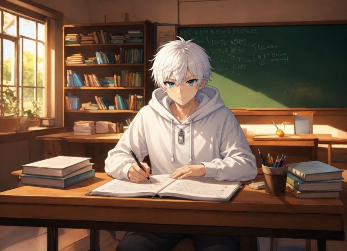 An anime-style scene depicts a white-haired young man with blue eyes writing in a notebook at a wooden desk in a sunlit classroom filled with bookshelves and a chalkboard.