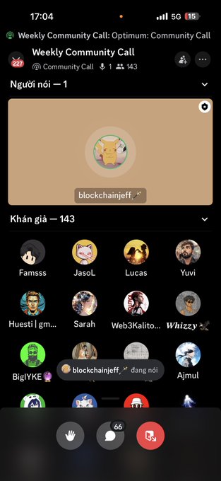 Screenshot of a Discord voice channel titled 'Weekly Community Call: Optimum: Community Call' showing user 'blockchainjeff' speaking with 43 listeners and a participant list including Famsss, JasoL, Lucas, Yuvi, Huesti, Sarah, Web3Kalito, Whizzy, BigTYKE, and Ajmul