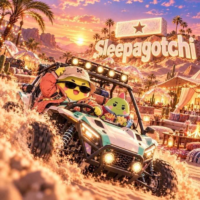 A vibrant illustration featuring the text 'Sleepagotchi' where two green characters wearing sunglasses drive a buggy through a desert festival at sunset.