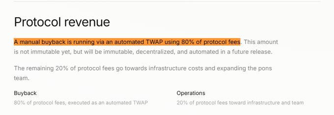 The image displays a "Protocol revenue" section explaining that a manual buyback is currently running via an automated TWAP using 80% of protocol fees, while the remaining 20% goes toward infrastructure costs and team expenses, with the manual process to be made fully automated in a future release. This relates to the post's concern about $PONS buybacks, highlighting the exact weakness the author flags—the manual step in the buyback process that could explain why approximately $1.4M is reportedly stuck pending rather than being routed through the intended 80% TWAP buyback mechanism.