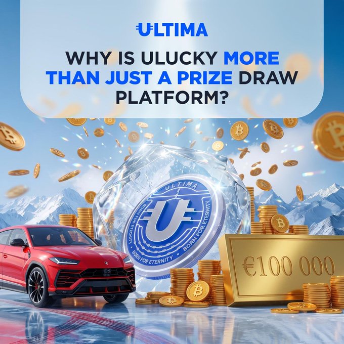 A promotional graphic for 'ULTIMA' featuring the text 'WHY IS ULUCKY MORE THAN JUST A PRIZE DRAW PLATFORM?' alongside a red Lamborghini Urus, a €100,000 gold bar, and stacks of Bitcoin coins with a large ULTIMA coin displayed prominently.