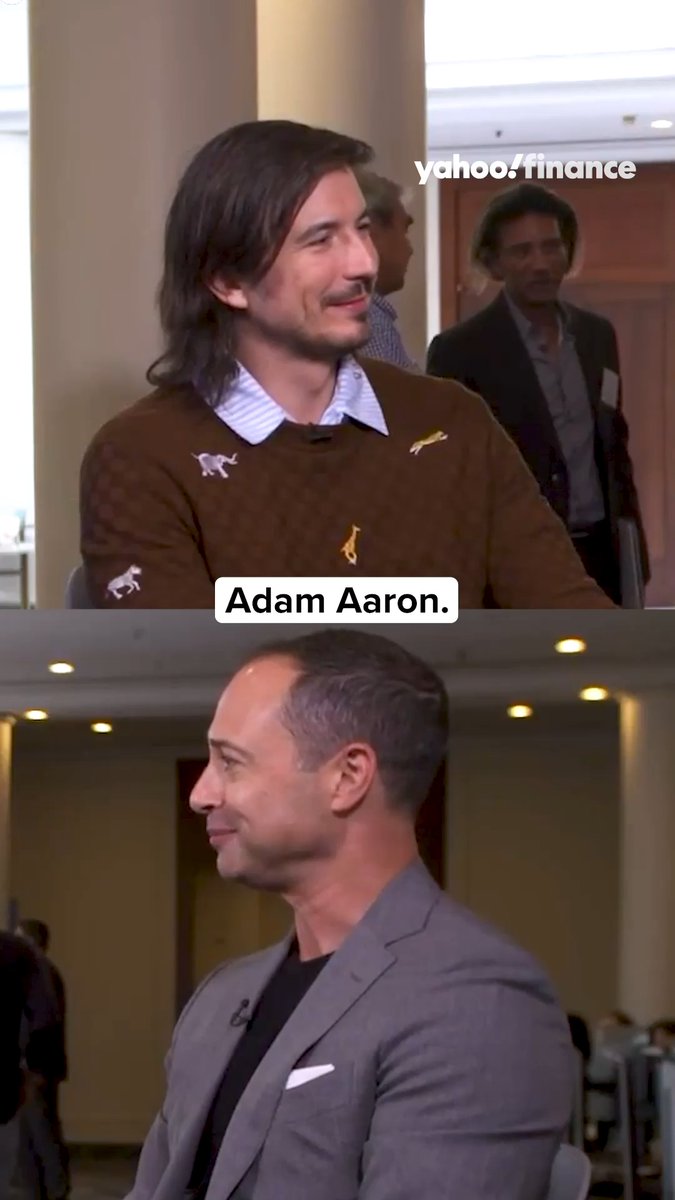 A split screenshot from Yahoo Finance showing Adam Aaron (top) in a brown sweater with embroidered animals and another man (bottom) in a gray suit.