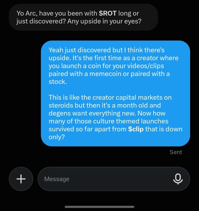 A text message conversation discusses '$ROT' and '$clip' as creator capital market memecoins.