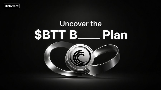 A dark promotional graphic from BitTorrent featuring the text "Uncover the $BTT B___ Plan" above a silver coin with a looping arrow symbol encircling the BitTorrent logo. The image teases the company's upcoming token execution plan, with the looping arrow symbol serving as a visual clue that the community is analyzing to decode the plan's meaning.