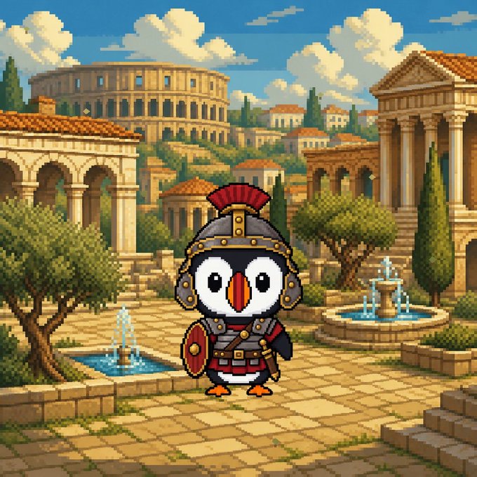 A pixel art penguin dressed as a Roman centurion stands in a classical Roman plaza with the Colosseum in the background, evoking the "Robinhood" expansion theme mentioned in the post.