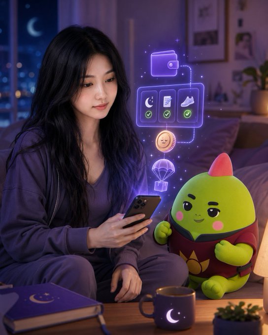 A young woman with long dark hair sits in a dimly lit purple room holding a smartphone, with a cute green mascot in a red outfit beside her, surrounded by floating UI icons related to a nighttime routine.