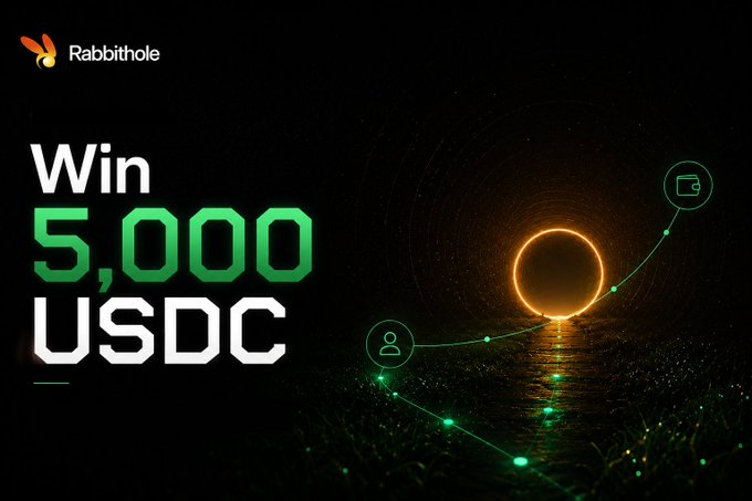 A promotional graphic for Rabbithole advertising a chance to 'Win 5,000 USDC' in green and white text on a dark background with a glowing orange ring.