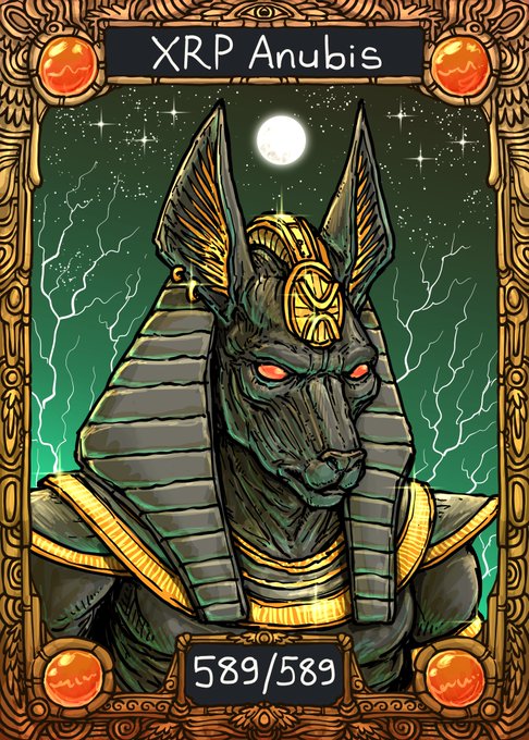 A digital trading card depicting an Egyptian Anubis figure with the title 'XRP Anubis', set against a green starry background with lightning, numbered 589/589.