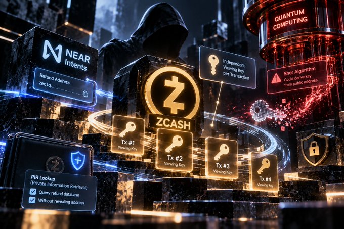 Digital artwork depicting Zcash (ZEC) cryptocurrency with a hooded figure, showcasing features like NEAR Intents, Quantum Computing, Shor Algorithm, Independent Viewing Keys, and PIR Lookup transactions.
