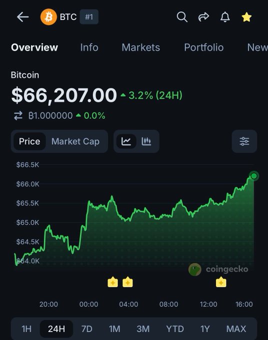 A CoinGecko app screenshot showing Bitcoin (BTC) trading at $66,207.00 with a 3.2% gain over 24 hours, displayed on a green price chart rising from ~$64,000 to over $66,500, visually confirming the milestone of BTC surpassing $66,000.