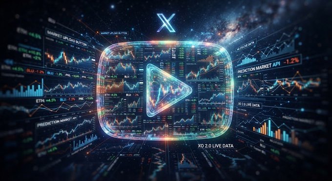 A futuristic digital visualization of YouTube/X 2.0 live data showing financial markets, prediction markets, ETH, and BLU charts surrounding a glowing video play button with the X logo.