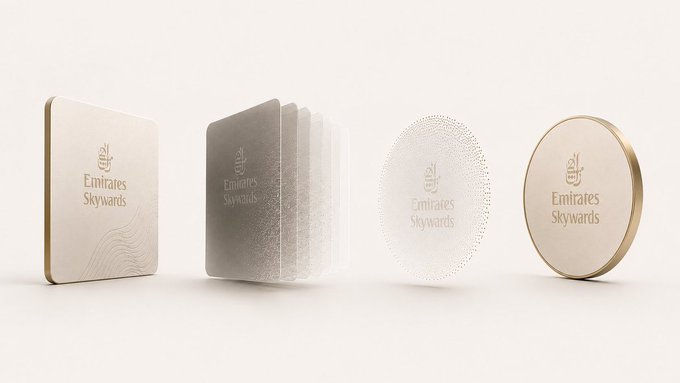 Four elegant metallic Emirates Skywards membership cards displayed in a row, featuring square and circular designs with gold and silver finishes.
