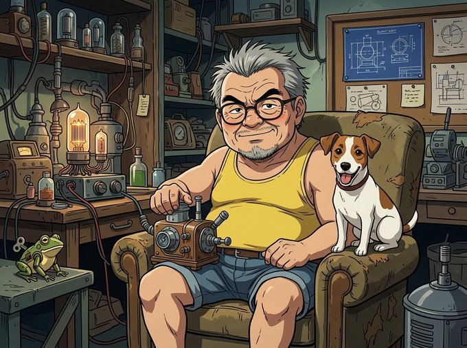 A cartoon-style illustration of an older man with glasses sitting in a chair holding a remote control, accompanied by a Jack Russell Terrier, surrounded by steampunk-style equipment, with a frog on a table.
