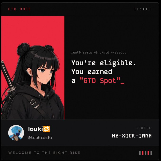 A 'GTD RACE RESULT' card displays an anime character with twin buns and a sword, showing the message 'You're eligible. You earned a "GTD Spot"' for user louki (@loukidefi) with serial HZ-XQCK-JNNA.