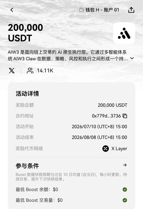A Chinese-language mobile interface for AIW3 wallet showing a 200,000 USDT reward campaign on X Layer network, running from 2026/07/10 to 2026/08/08, with 14.11K participants.