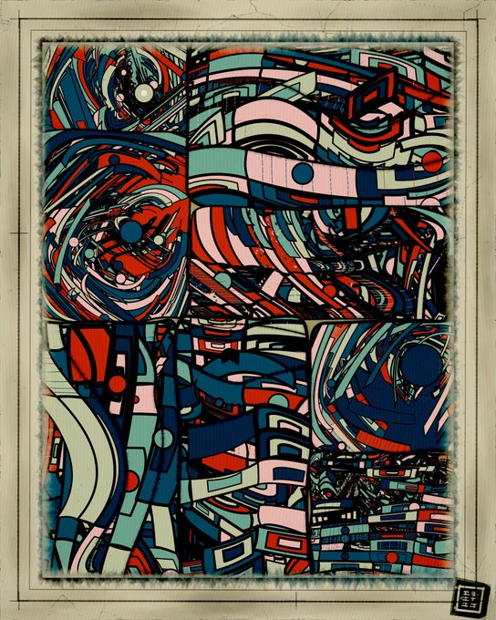 An abstract artwork composed of geometric shapes and curved lines in red, blue, teal, and pink colors, displayed in a window with white framing.